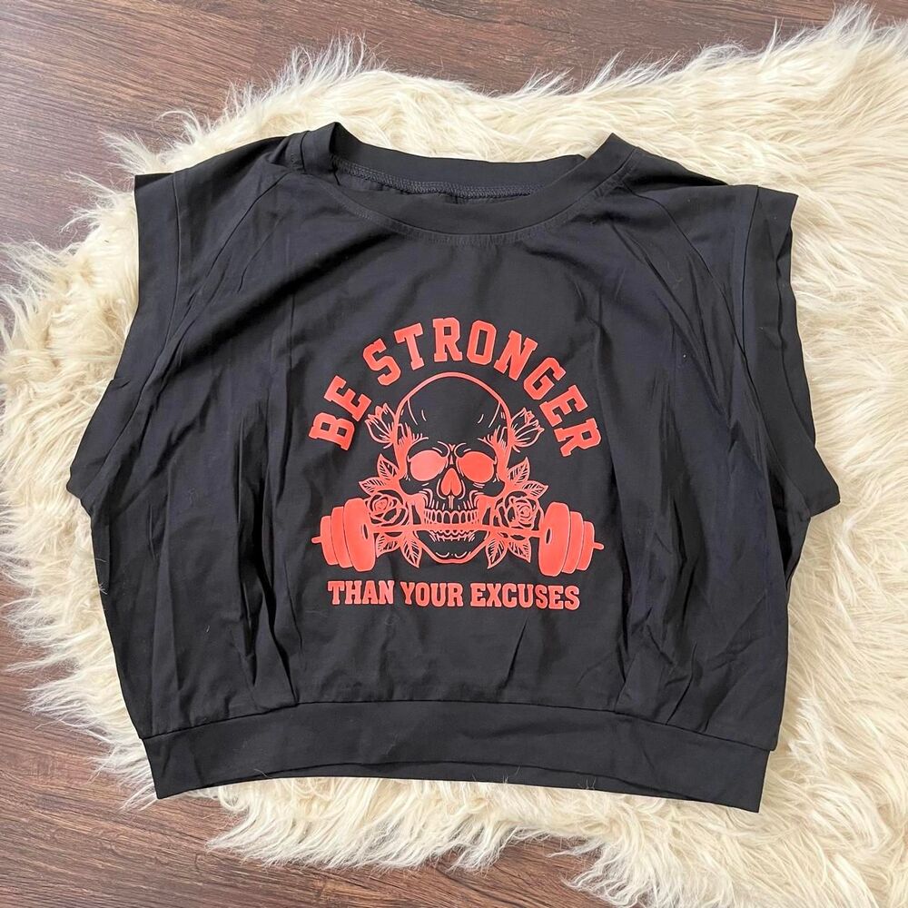 Black cotton "Be Stronger Than Your Excuses" Graphic Muscle Tee Crop Top L